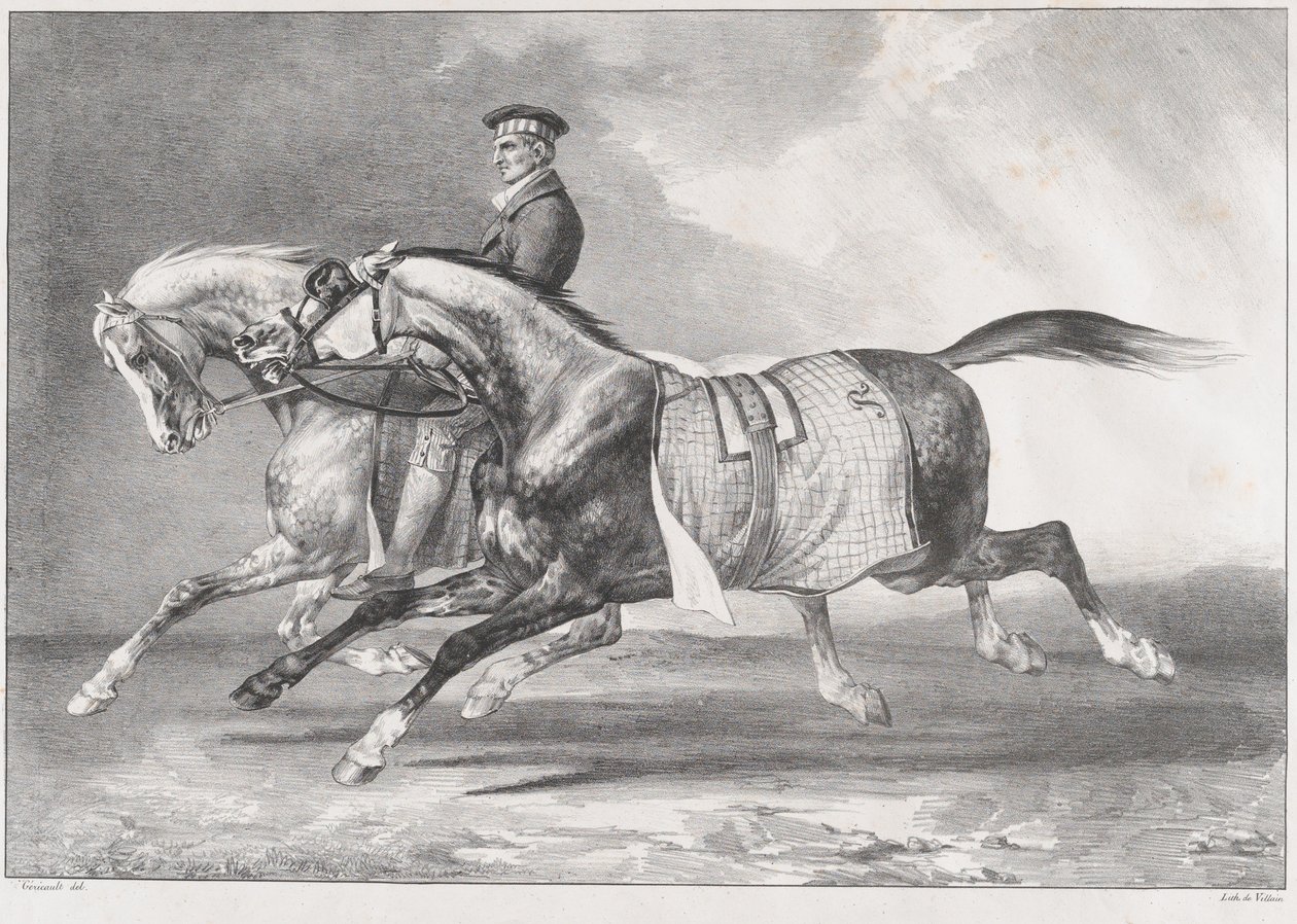 To gråspættede heste, der bliver trænet af Theodore Gericault