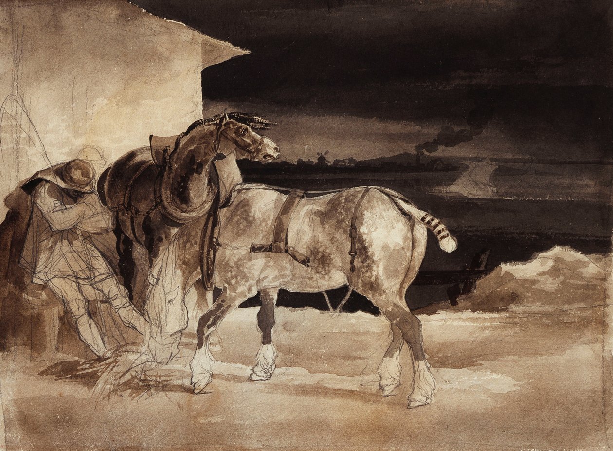 To heste og en sovende brudgom, ca. 1822-1823 af Theodore Gericault