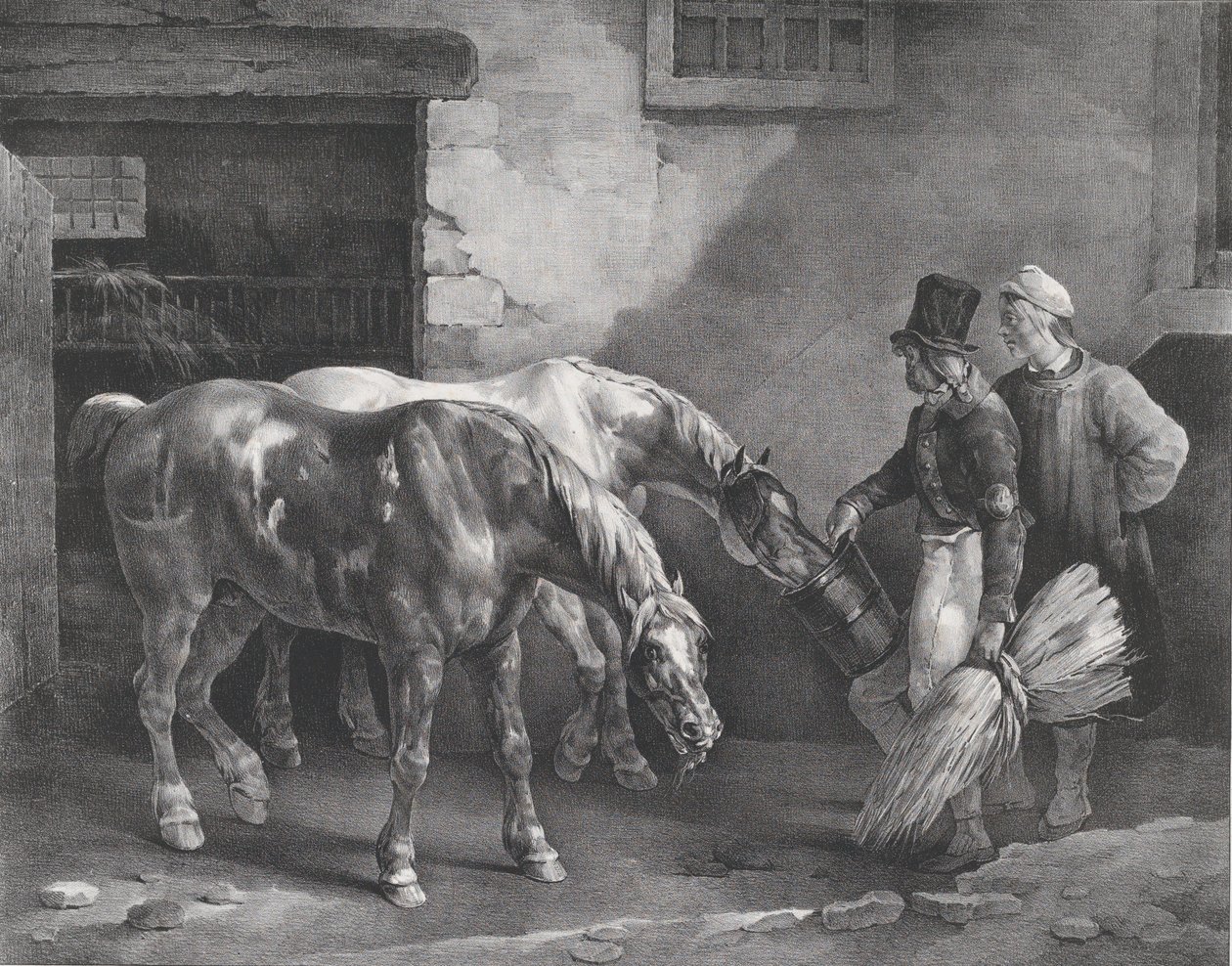 To postheste ved døren til en stald, 1822. af Theodore Gericault