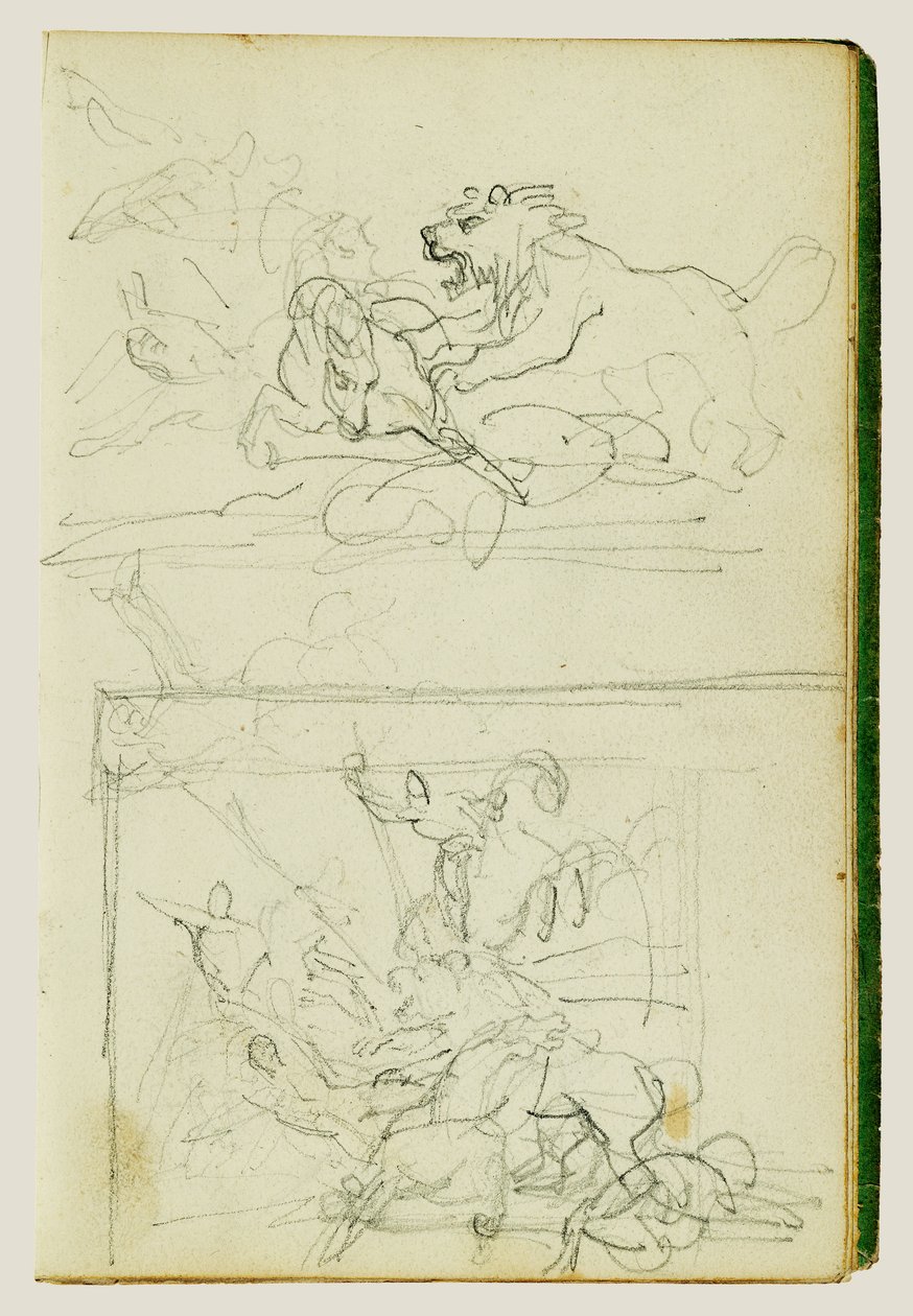 To kompositoriske studier af en løvejagt af Theodore Gericault
