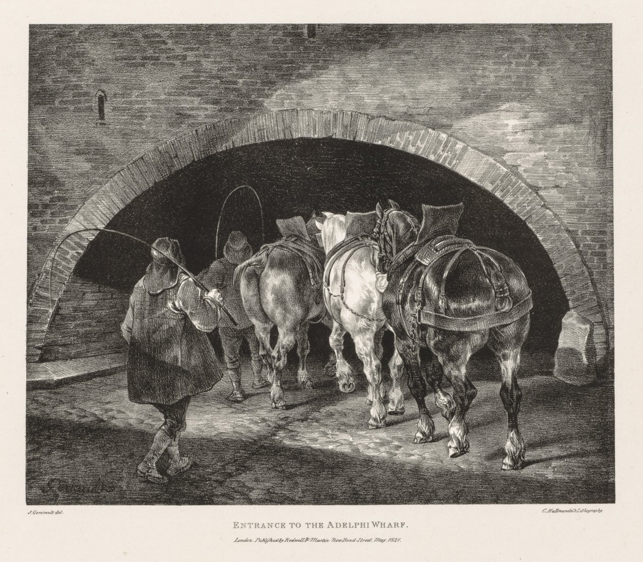 Forskellige emner tegnet fra livet og på sten: Indgangen til Adelphi Wharf, 1821. af Theodore Gericault