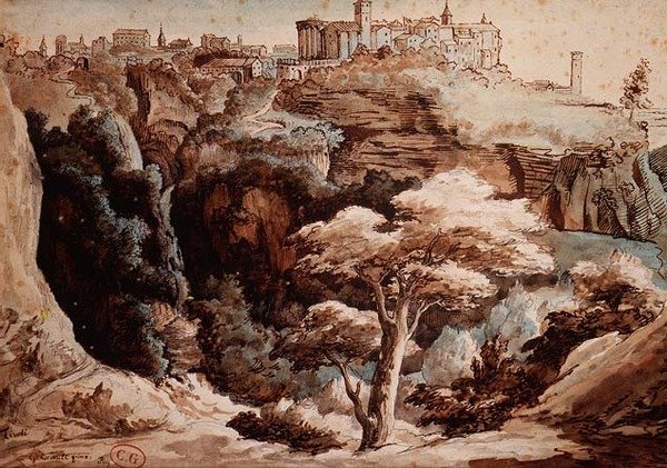 Udsigt over Tivoli (blyant, pen & brunt blæk, akvarel) af Theodore Gericault