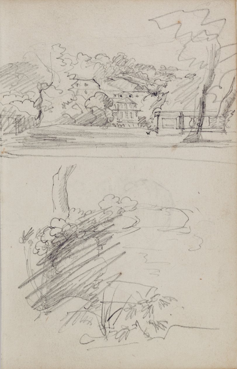 Udsigt over et landsted og studier af buske og løv af Theodore Gericault