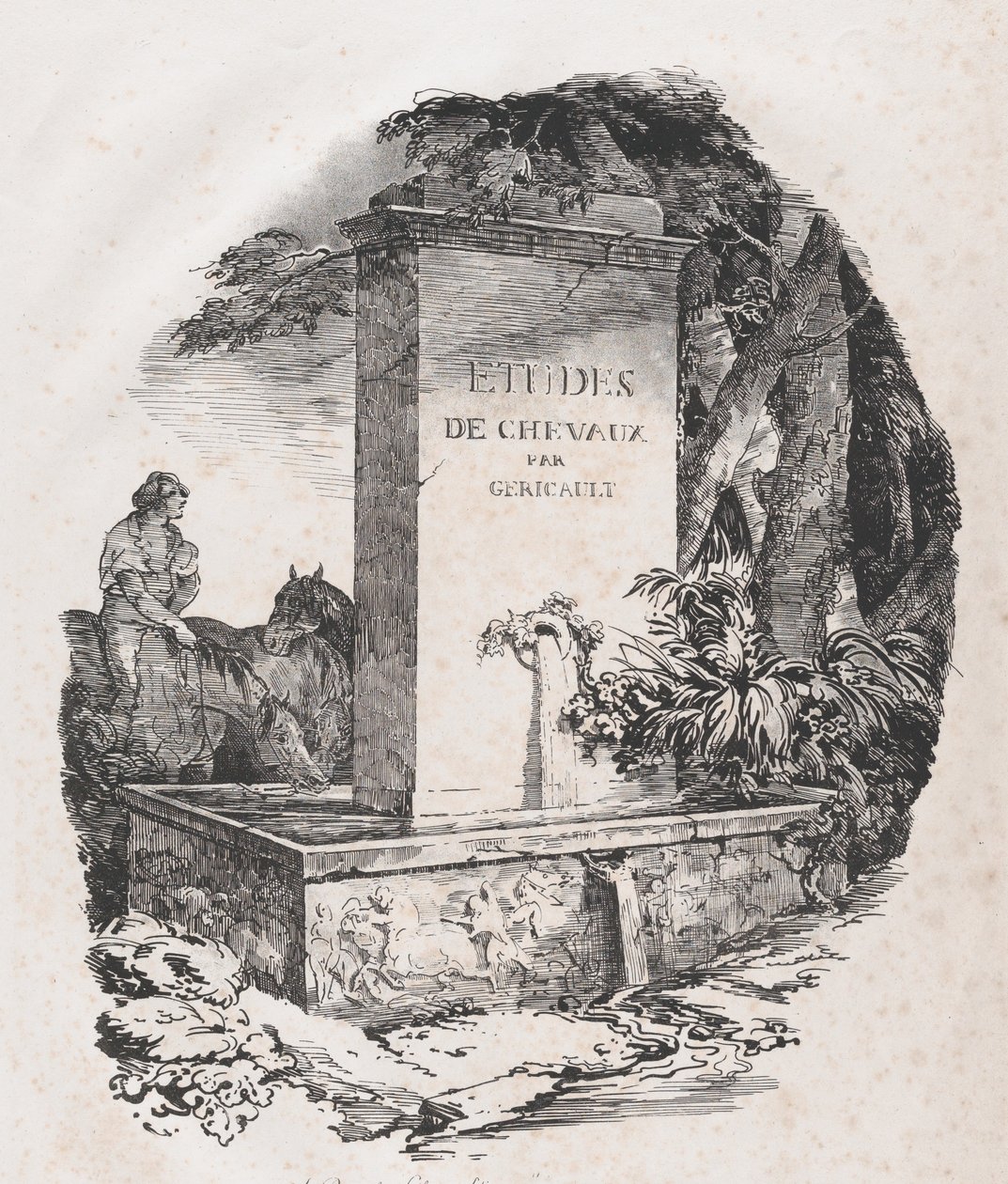 Vandtrug, titelside for studier af heste Etudes de Chevaux, 1822. af Theodore Gericault