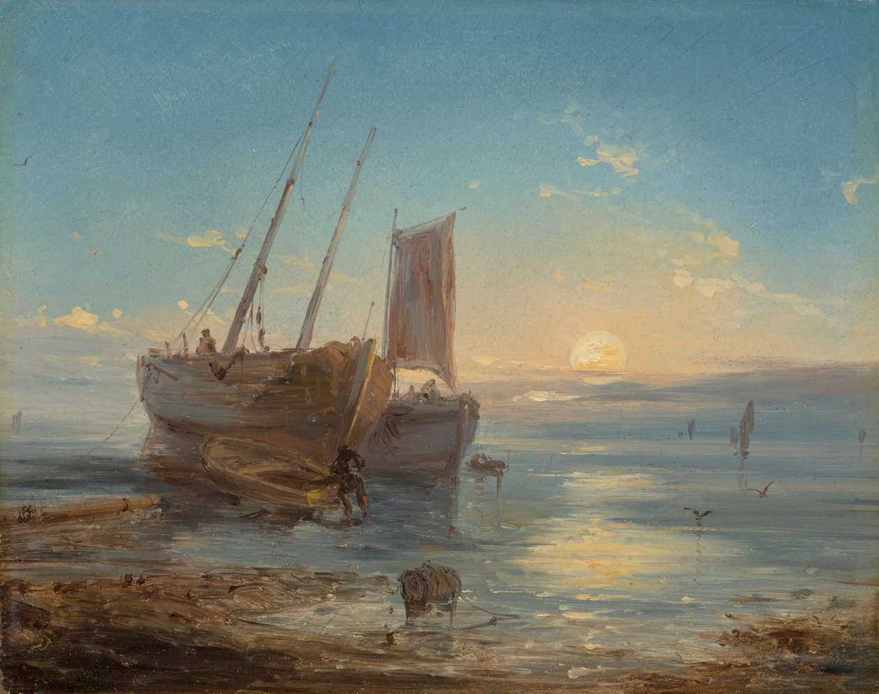 Både på stranden ved lavvande af Theodore Gudin