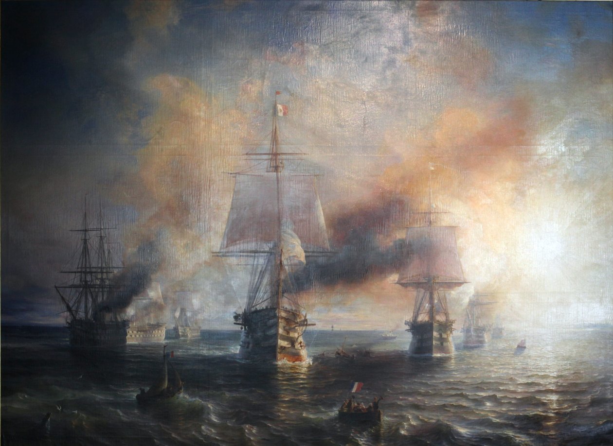 Fransk:  La flotte française se rendant de Cherbourg à Brest, 1858 Den franske flåde sejler fra Cherbourg til Brest, 1858 af Theodore Gudin