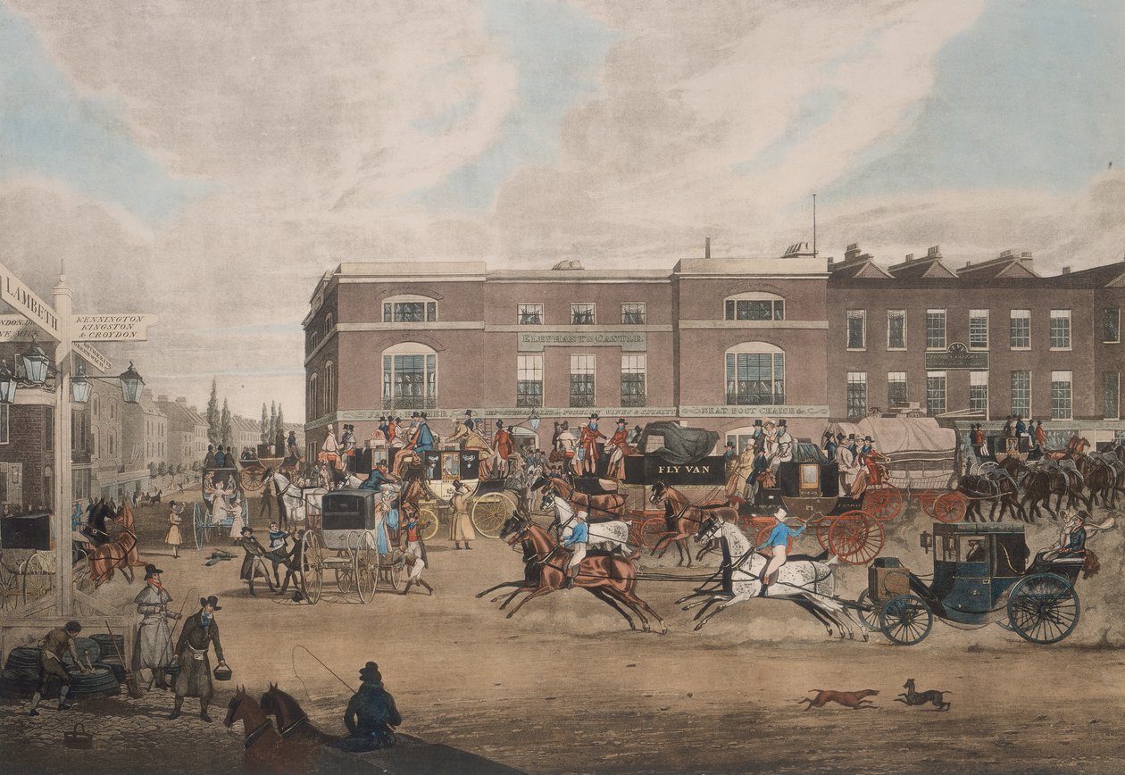 Busser på Elephant and Castle, London, første halvdel af det 19. århundrede af Theodore Henry Adolphus Fielding