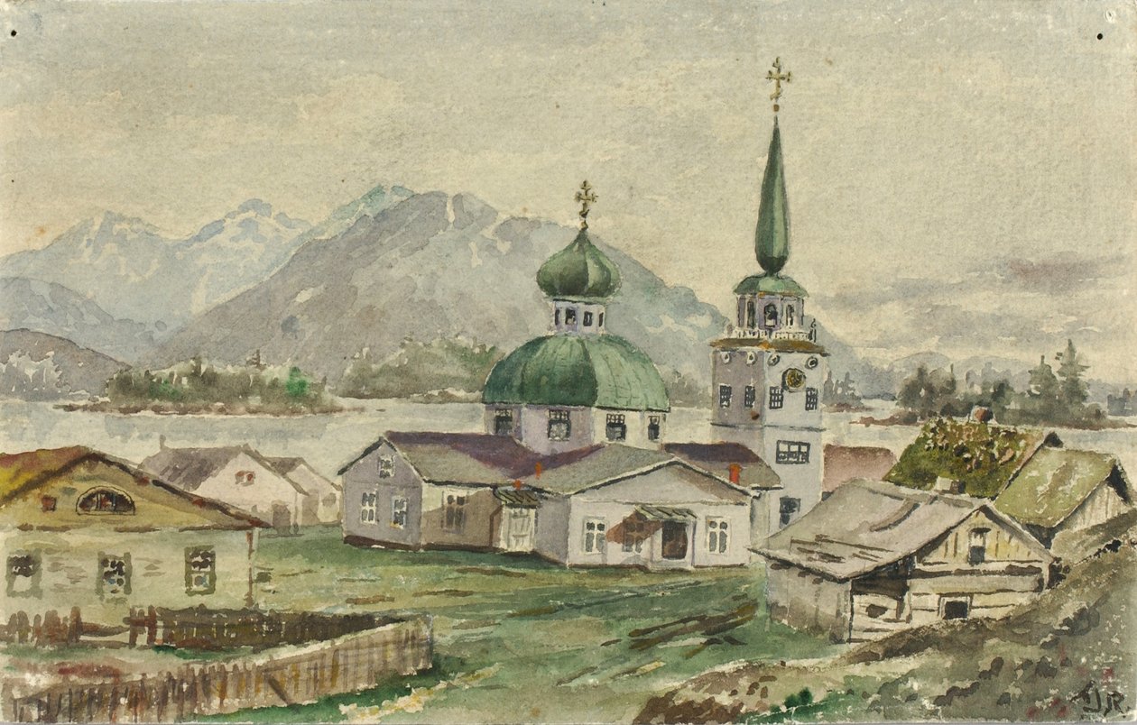 Udsigt til den græske kirke bagfra, Sitka, 1888 af Theodore J. Richardson