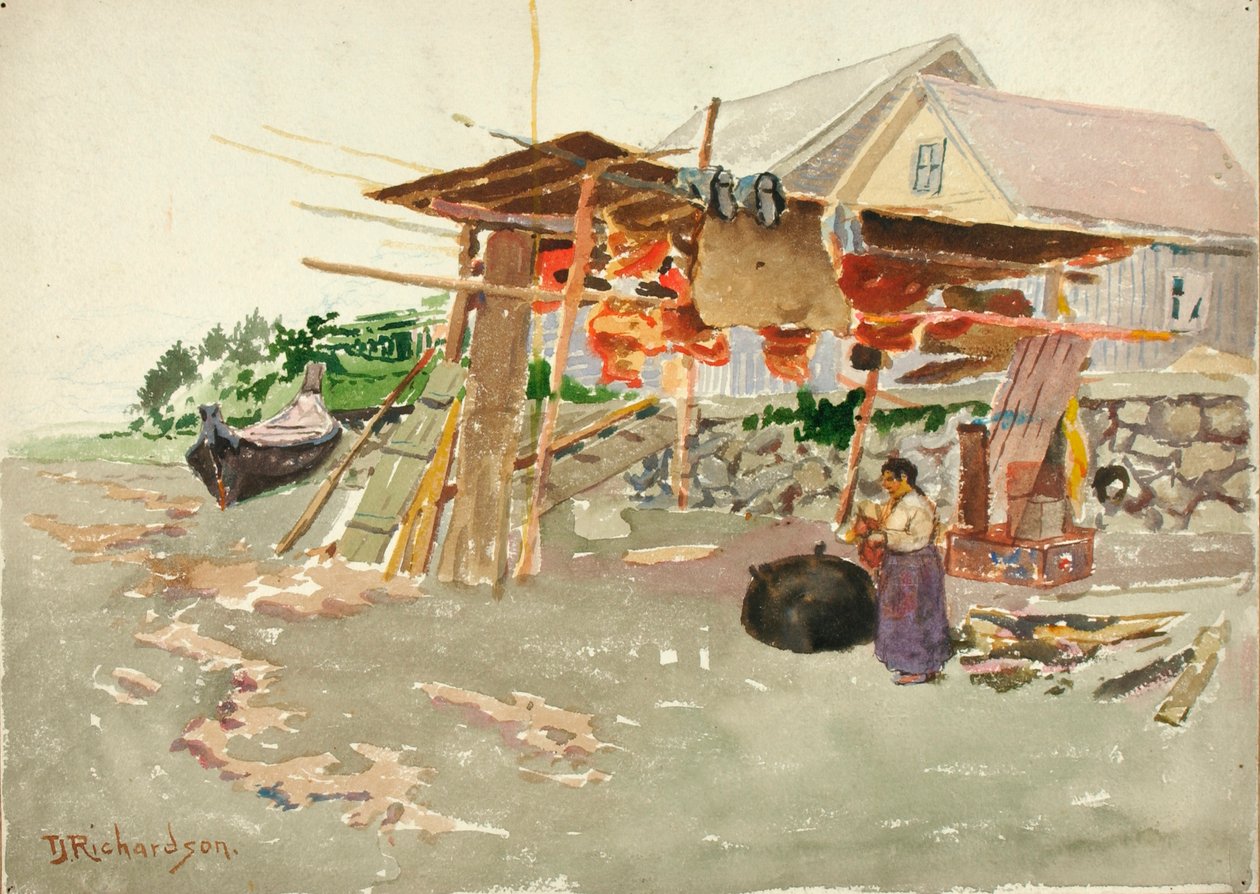 Laksetørring, Indian Village, Alaska, ca. 1880-1914. af Theodore J. Richardson
