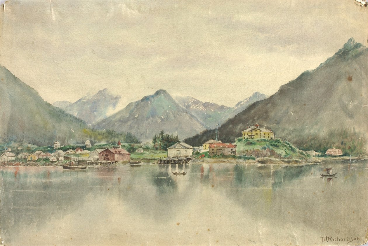Sitka fra øerne, viser russisk slot, 1888. af Theodore J. Richardson