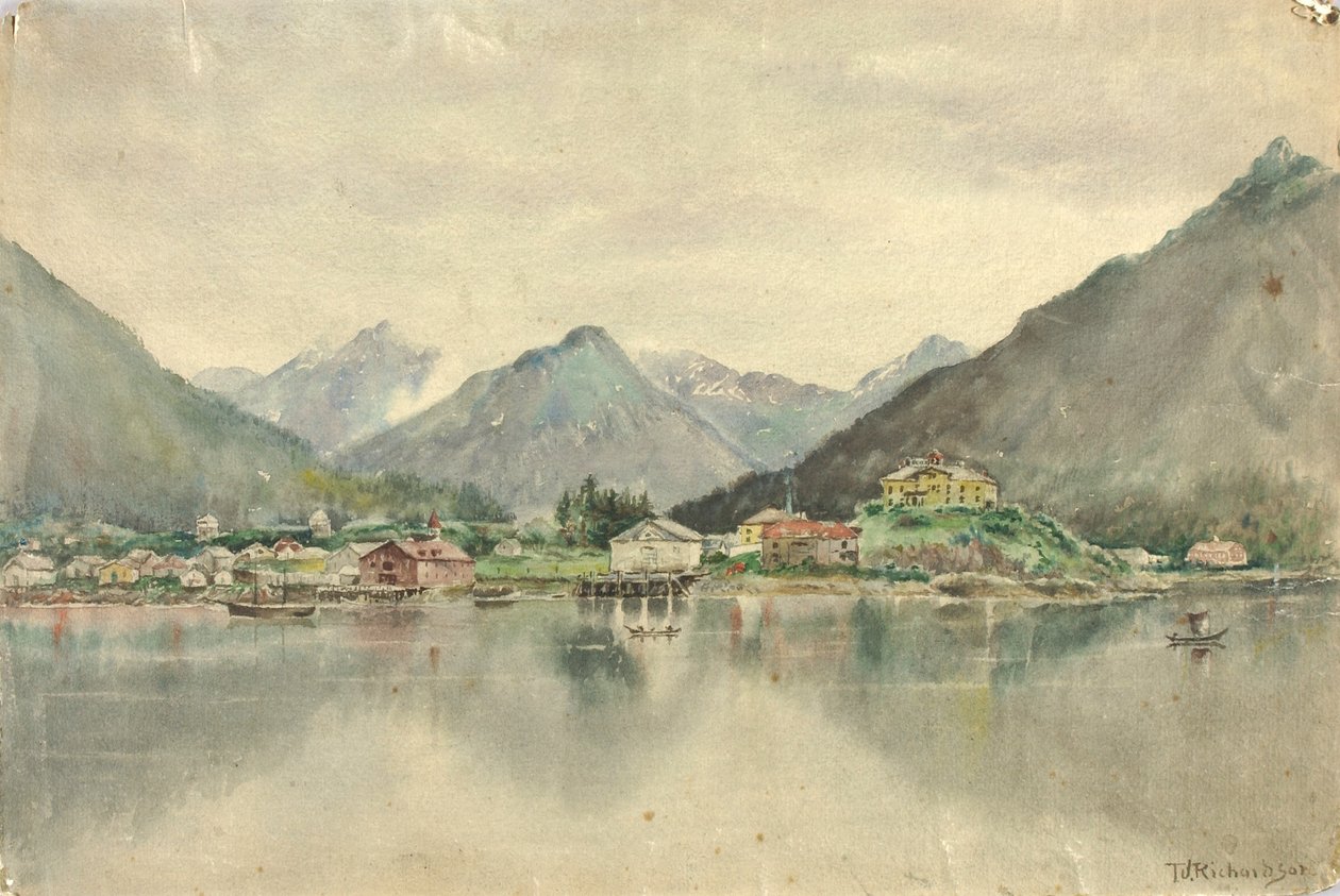 Sitka fra øerne med det russiske slot, 1888 af Theodore J. Richardson