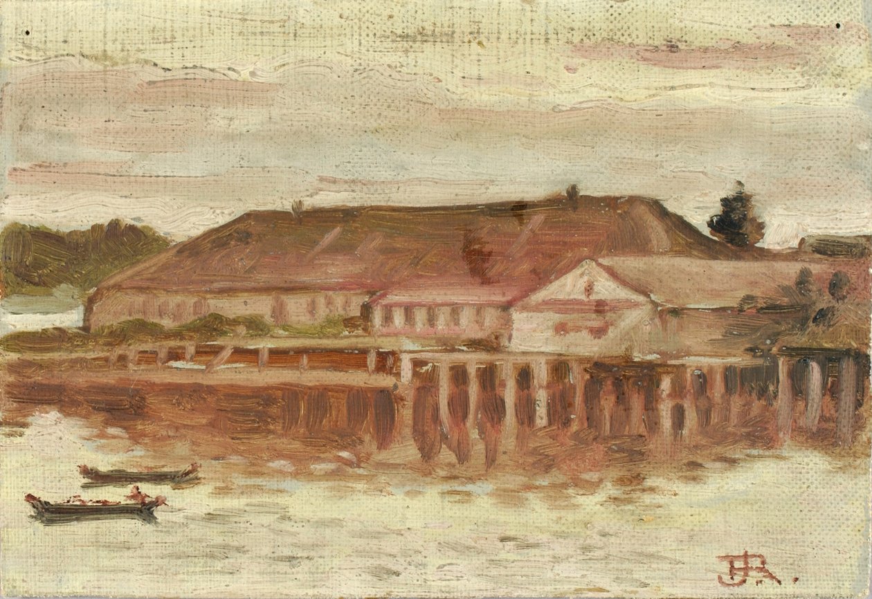 Handelsplads og havnebygninger, Sitka, aften, ca. 1880-1914. af Theodore J. Richardson