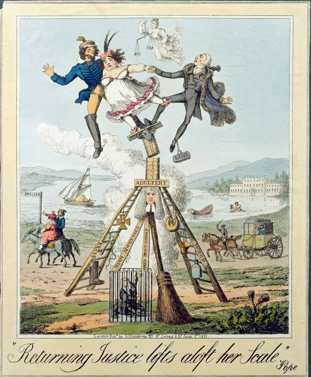 Returning Justice Lifts Aloft Her Scale, udgivet af G. Humphrey, London, 1821 (gravering på papir) af Theodore Lane