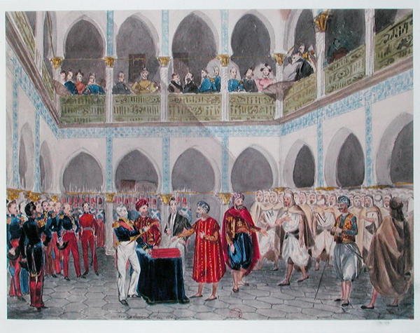 Investiture of the Bey of Algier af Grev Bertrand Clausel (1772-1842) 1835 (akvarel på papir) af Theodore Leblanc