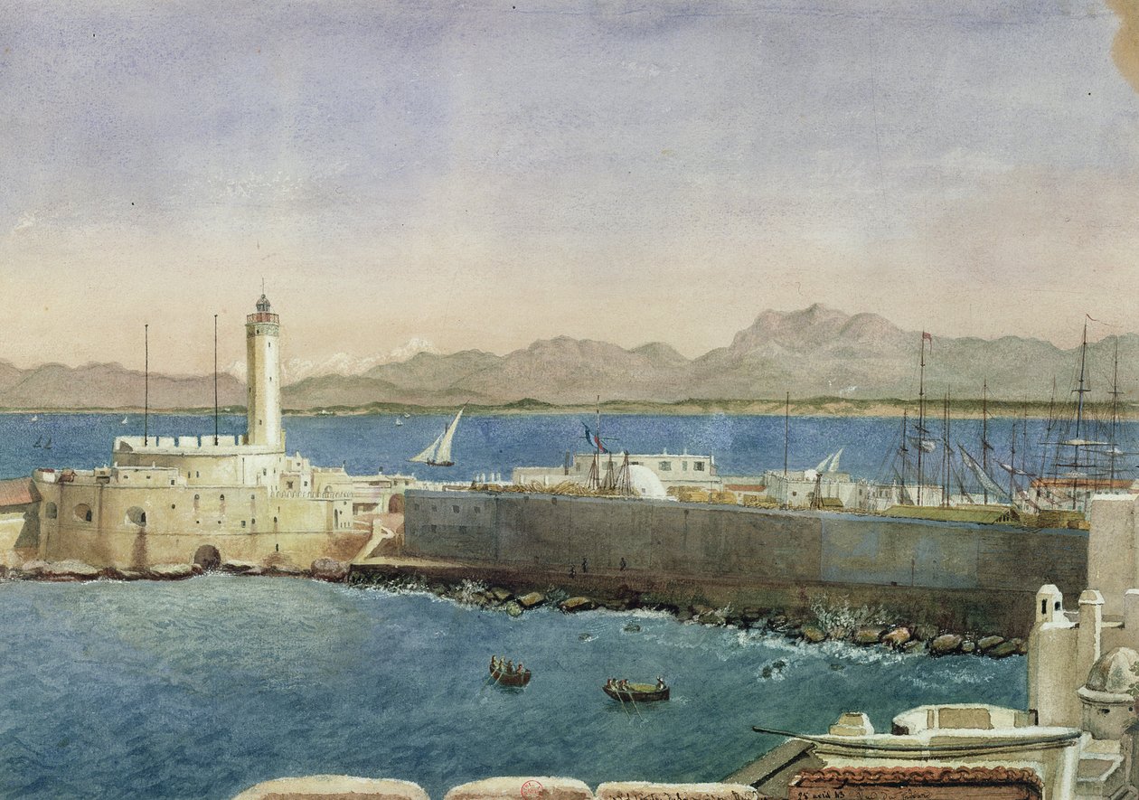 Havnen og anløbsbroen i Algier, ca. 1830 af Theodore Leblanc