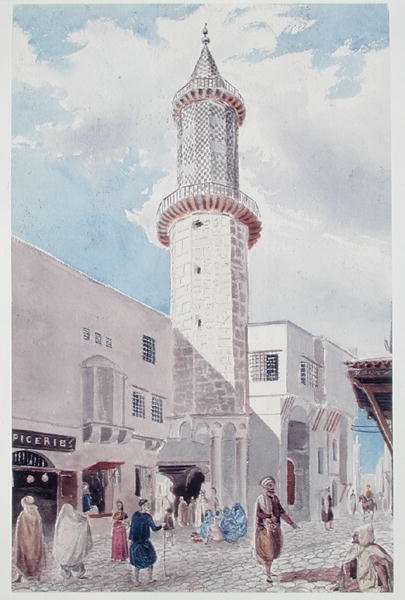 Moskeens minaret på Rue de Chartres og Rue Bab-Azoun, Algier (akvarel på papir) af Theodore Leblanc