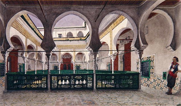 Udsigt over en indre gårdhave til et hus i Algier, ca. 1830 (akvarel på papir) af Theodore Leblanc