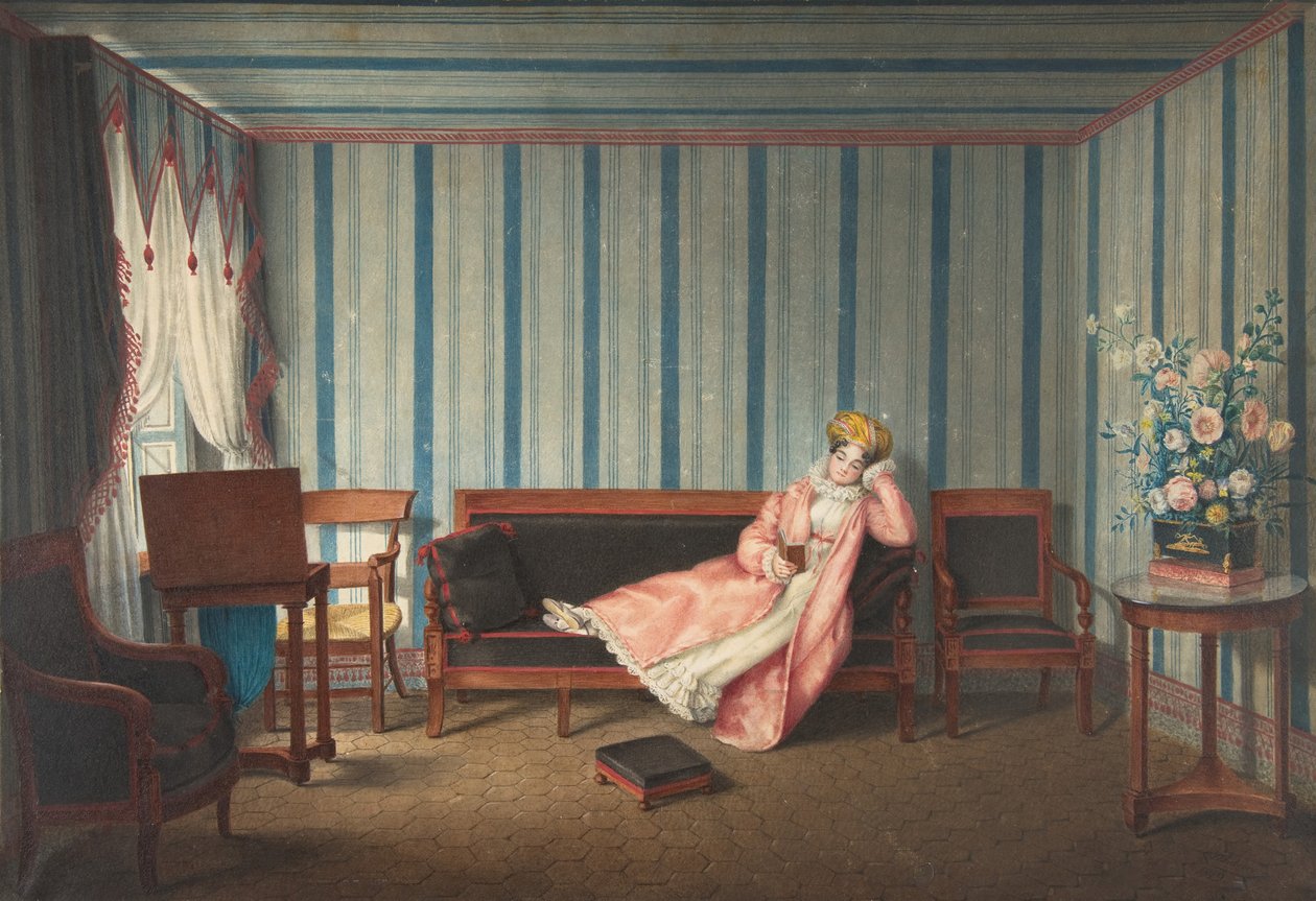 Kvinde i lyserød tilbagelænet på en kanape, 1819. af Theodore Lebrun