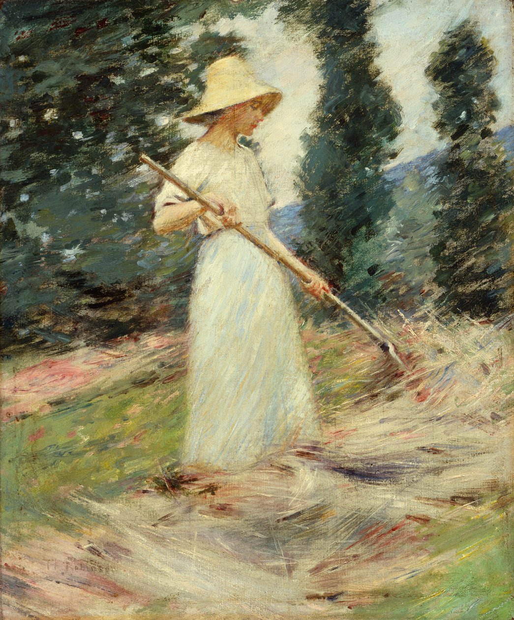 Pige, der river hø, ca. 1890 (olie på lærred) af Theodore Robinson