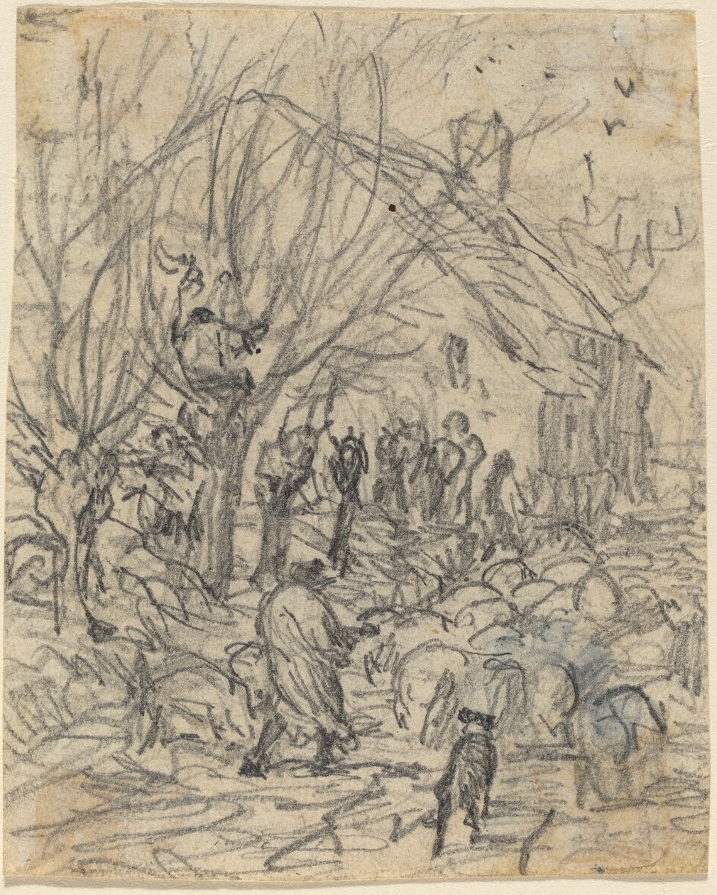 En flok får før en bondegård af Theodore Rousseau