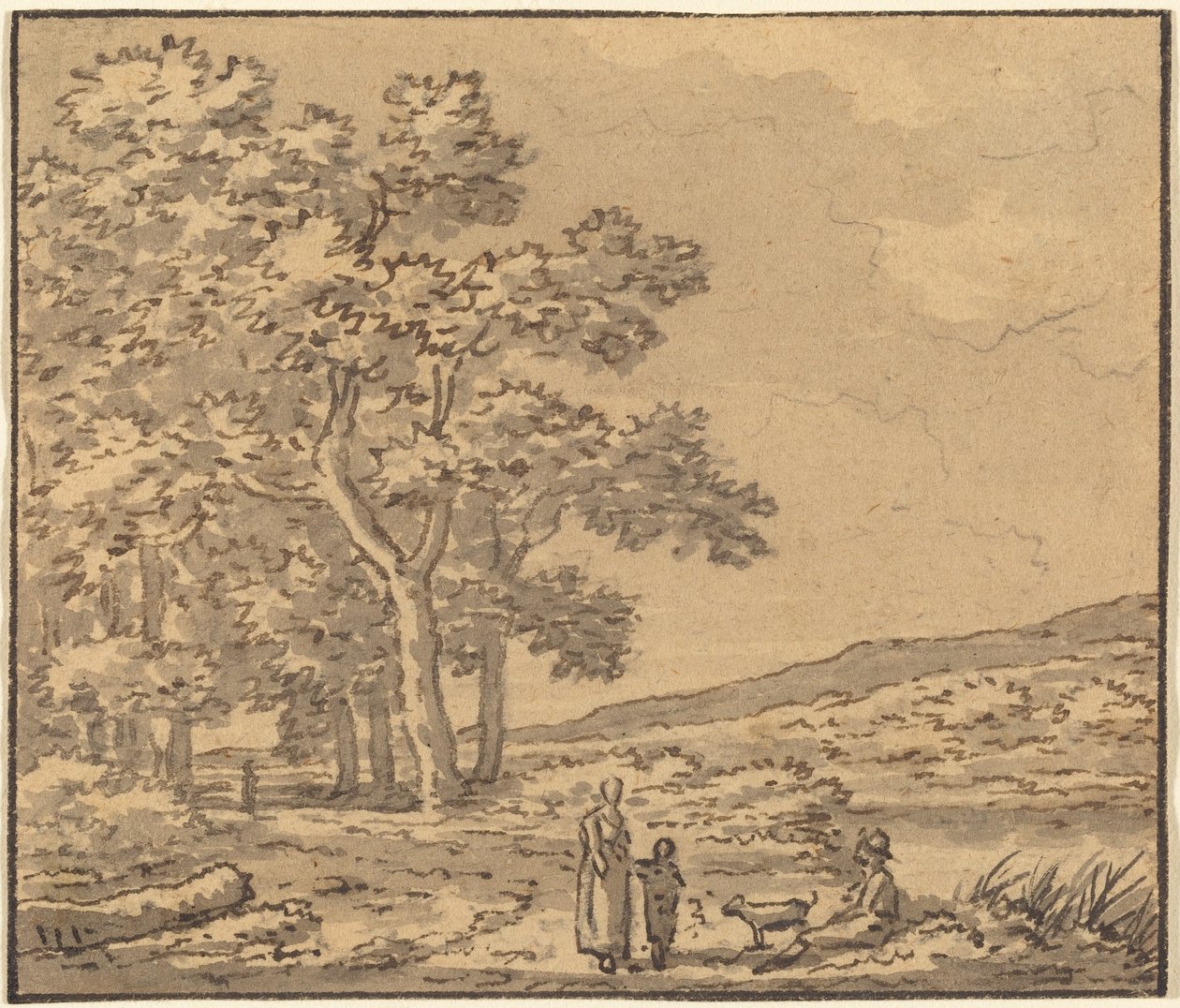 Et landskab med tre figurer og en hund af Theodore Rousseau
