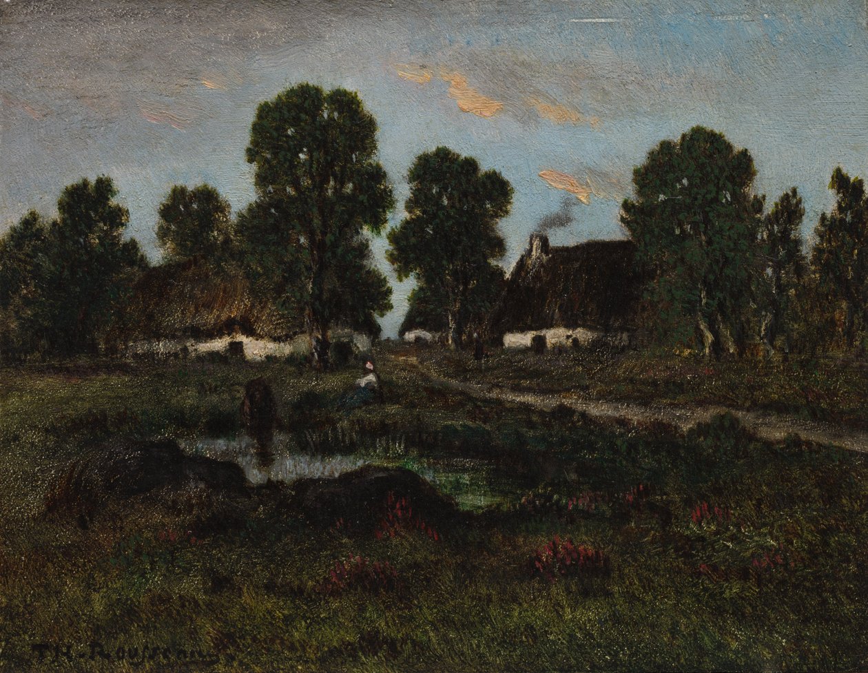 Hytter nær Larchant (olie på træpanel) af Theodore Rousseau