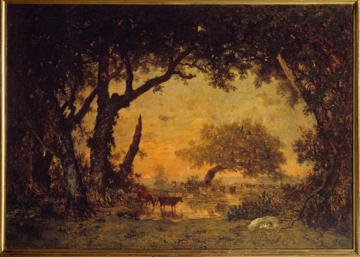 Udgang fra skoven i Fontainebleau, solnedgang Maleri af Theodore Rousseau (1812-1867) 1800-tallet søn. 1,42x1,97 m af Pierre Etienne Theodore Rousseau