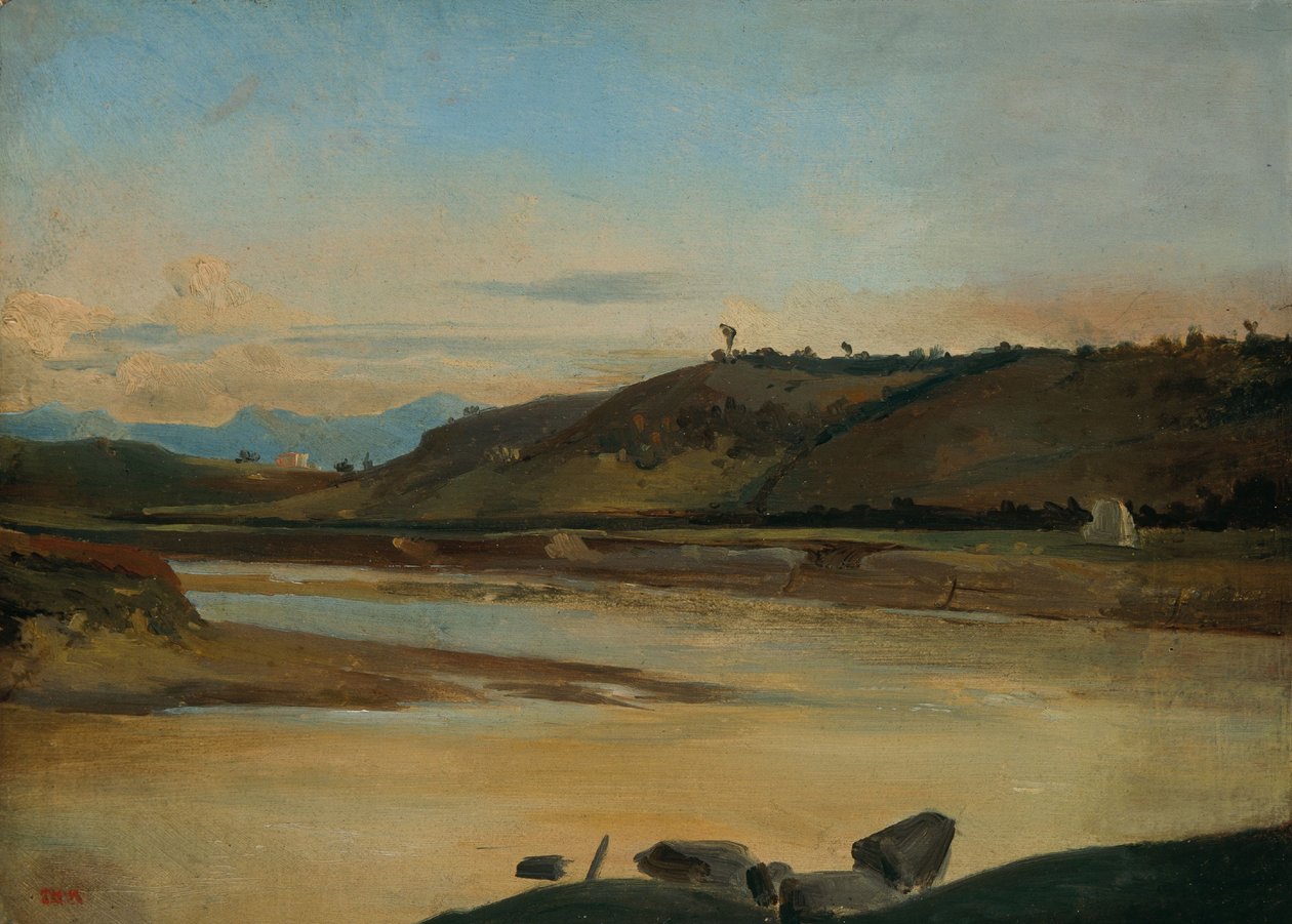 Landskab med flod, ca. 1834-35 (olie på papir på lærred) af Theodore Rousseau