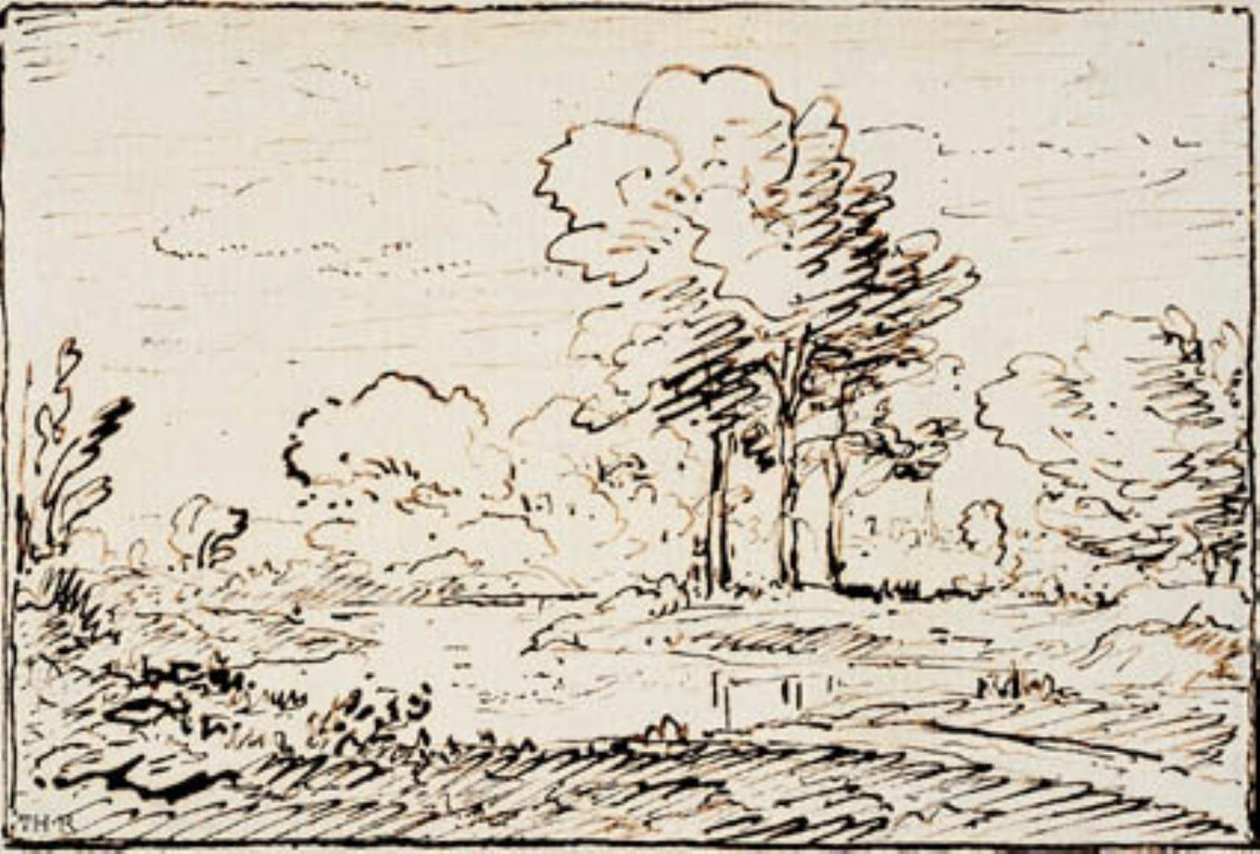 Landskab med tre høje træer ved en flodpynt af Theodore Rousseau