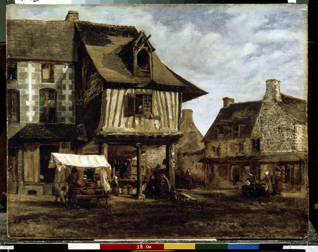 Markedsplads i Normandiet (bindingsværkshuse) (Markedsplads i Normandiet). Maleri af Theodore Rousseau (1812-1867). Olie på træ, 29,5 x 38 cm, omkring 1830. Fransk kunst fra Barbizon. Eremitagemuseet, Sankt Petersborg. af Theodore Rousseau