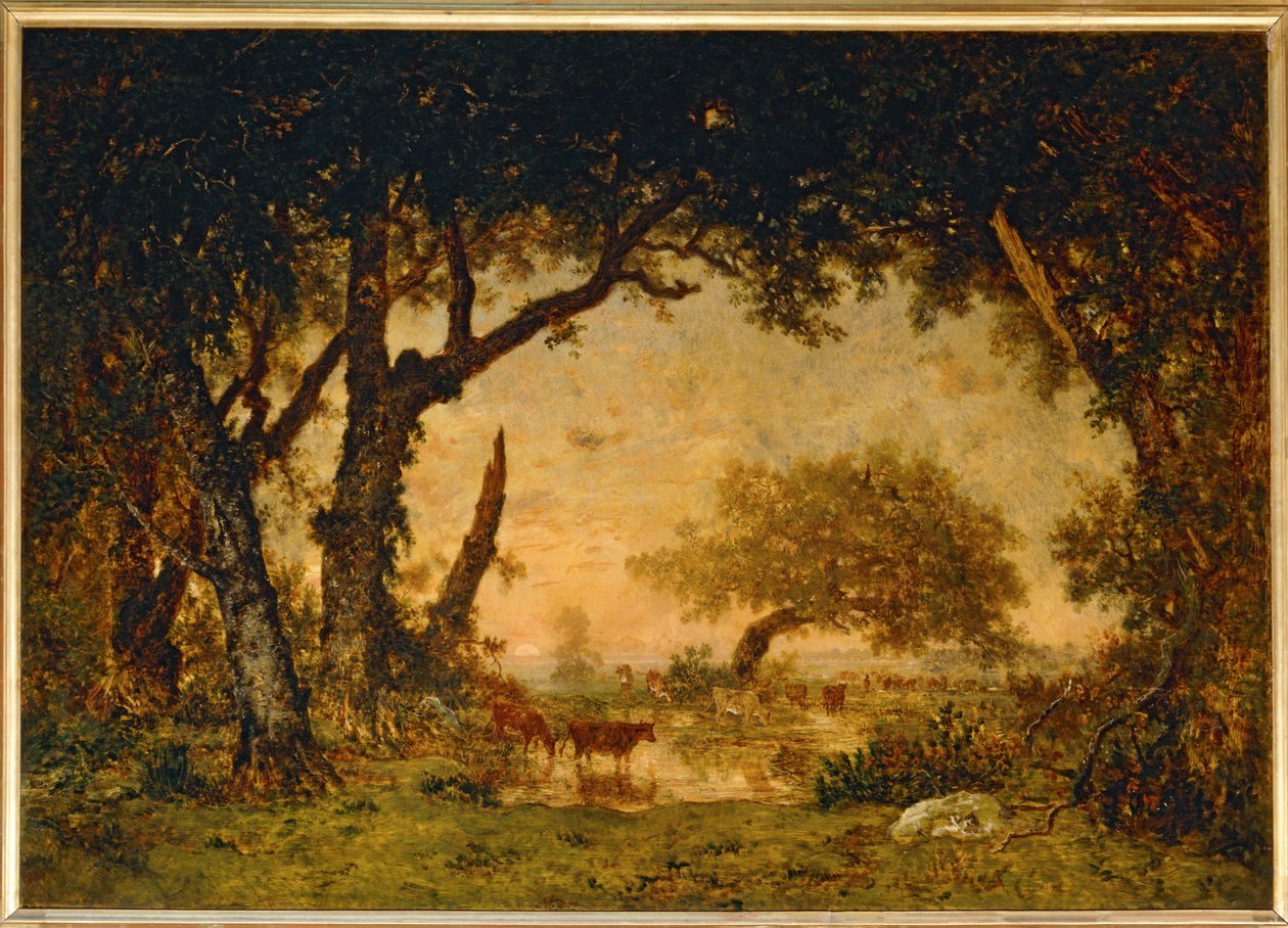 Udgang fra skoven ved Fontainebleau, solnedgang... af Theodore Rousseau