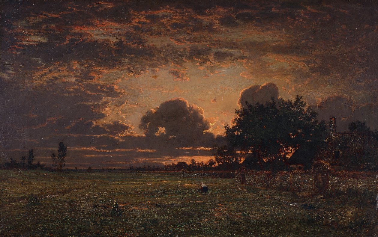 Solnedgang over sletten ved Barbizon, af Pierre Etienne Theodore Rousseau