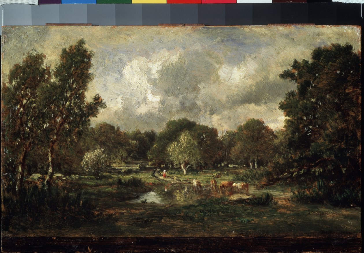 Køer ved vandingsstedet. Maleri af Theodore Rousseau (1812-1867). Olie på træ af Theodore Rousseau