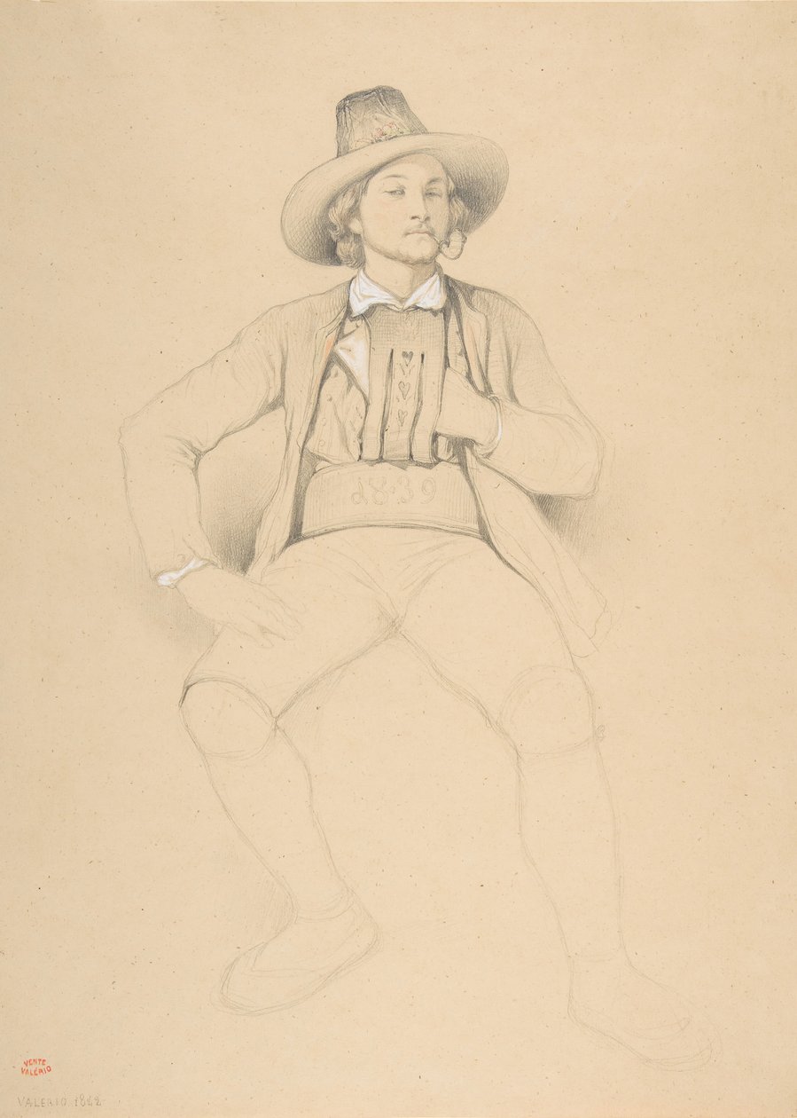 En mand i tyrolsk kostume, siddende, ryger en pibe, 1842. af Theodore Valerio