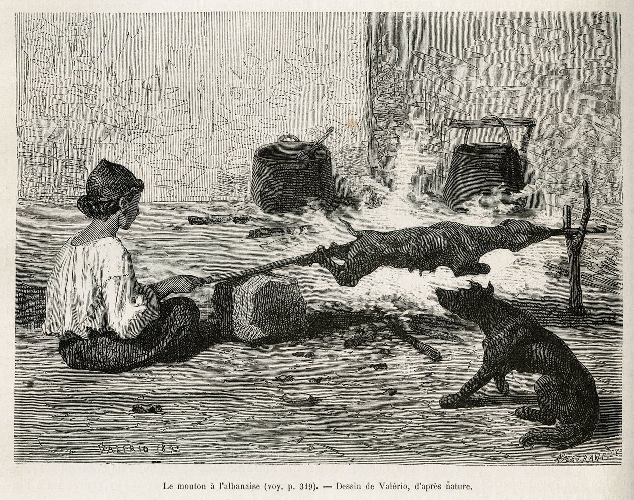 En ung montenegriner steger et får med albaneren, sidder foran bålet og drejer konstant på trænålen. Gravering efter Valerios tegning, for at illustrere rejsen til Dalmatien, af Charles Yriarte, i 1874, udgivet i "" Le tour du mon af Theodore Valerio