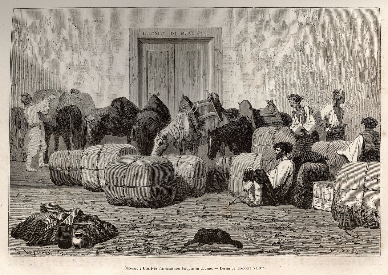 Når tyrkiske karavaner ankommer til Sebenico Customs (Serbien), læsser erhvervsrejsende ballerne af bagsiden af deres kameler for at verificere varernes mængde og art. Gravering efter tegningen af Theodore Valerio, for at illustrere en historie af Theodore Valerio