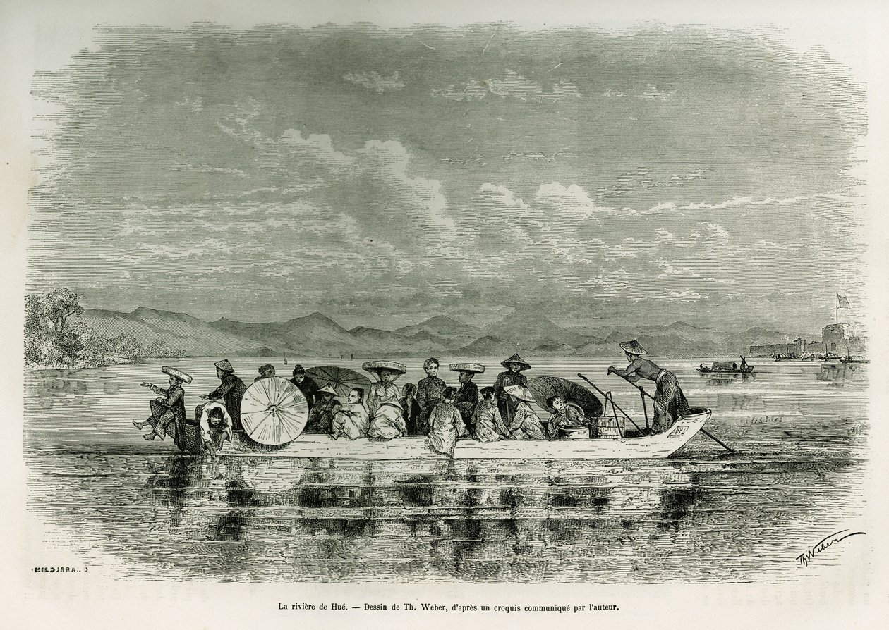 En båd på floden Hue (Vietnam), tegning af Th. Weber, for at illustrere historien om otte dages ambassade i Hue (Kongeriget Annam), i 1875, af Mr.Brossard de Corbigny, løjtnant (N), knyttet til missionen. Indgravering i Le tour du monde af Theodore Weber