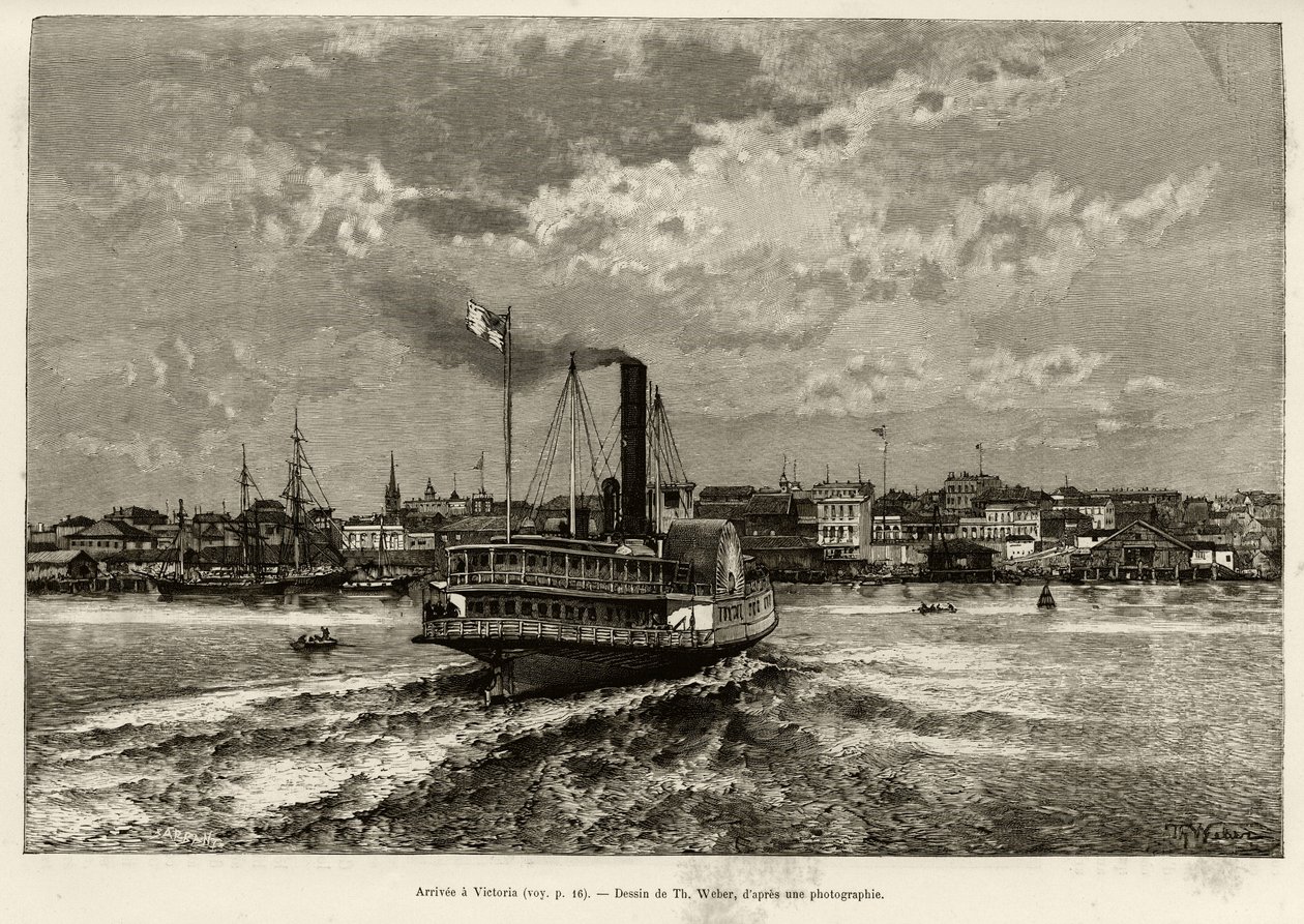 Ankomst til Victoria, Canada. Gravering af Th.Weber, for at illustrere historien ""Transcanadien og Alaska"" af E.Cotteau, i 1890, i Le tour du monde, nouveau journal des voyages, redigeret af Edouard Charton (1807-1890), 2. semester 1891 , udgave Hachet af Theodore Weber