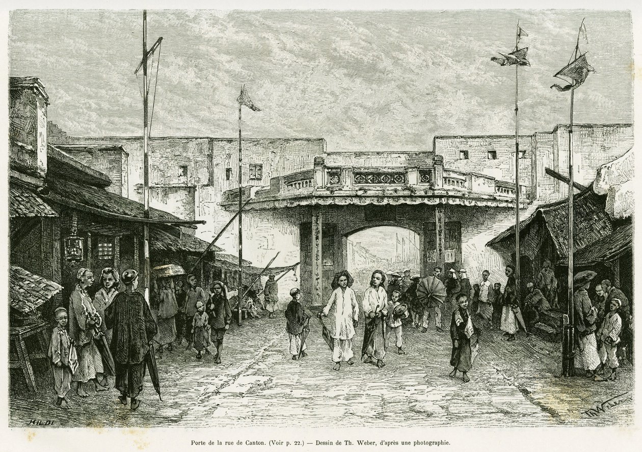 Canton Street Gate i Hanoi. Stik af Th. Weber, fra et fotografi, for at illustrere historien Trente mois au Tonkin i 1884, af Doctor Hocquard, i tour du monde 1889, under ledelse af Edouard Charton (1807-1890), Hachette, Paris. af Theodore Weber