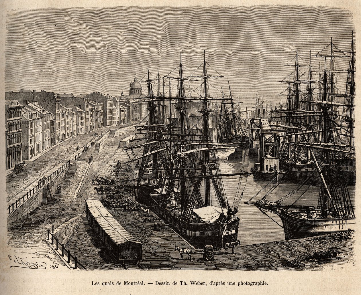 Les quais de Montreal, gravering efter tegning af Th. Weber, der illustrerer udflugten til Canada og Riviere Rouge du nord, af H. De Lamotte, i 1873, udgivet i "" Le tour du monde""" 1875, redigeret af Edouard Charton, Hachette-udgaven, Paris. Selv af Theodore Weber
