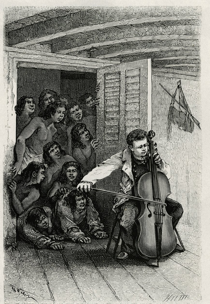 Portræt af den rejsende forfatter, der spiller cello og tiltrækker et publikum af nysgerrige. Gravering af Th.Weber, for at illustrere historien "" Les Iles Wallis"", af Dr. Emile Deschamps, lægemajor ved det 80. infanteri. Udgivet i Le Tour du monde, nou af Theodore Weber