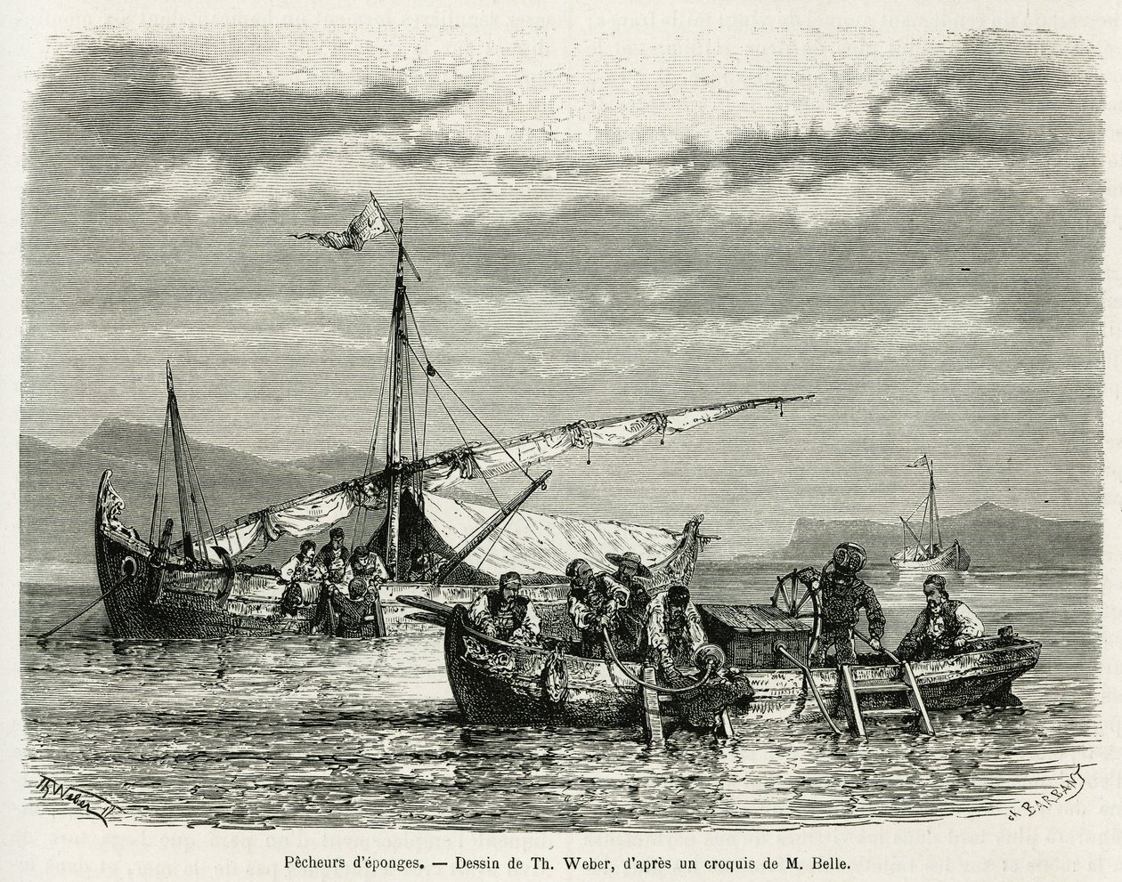 Svampefiskere i Nafplio-bugten, tegning af The. Weber, for at illustrere historien om en tur til Grækenland i 1861, 1868 og 1874 af Henri Belle. Indgravering i Le tour du monde af Theodore Weber