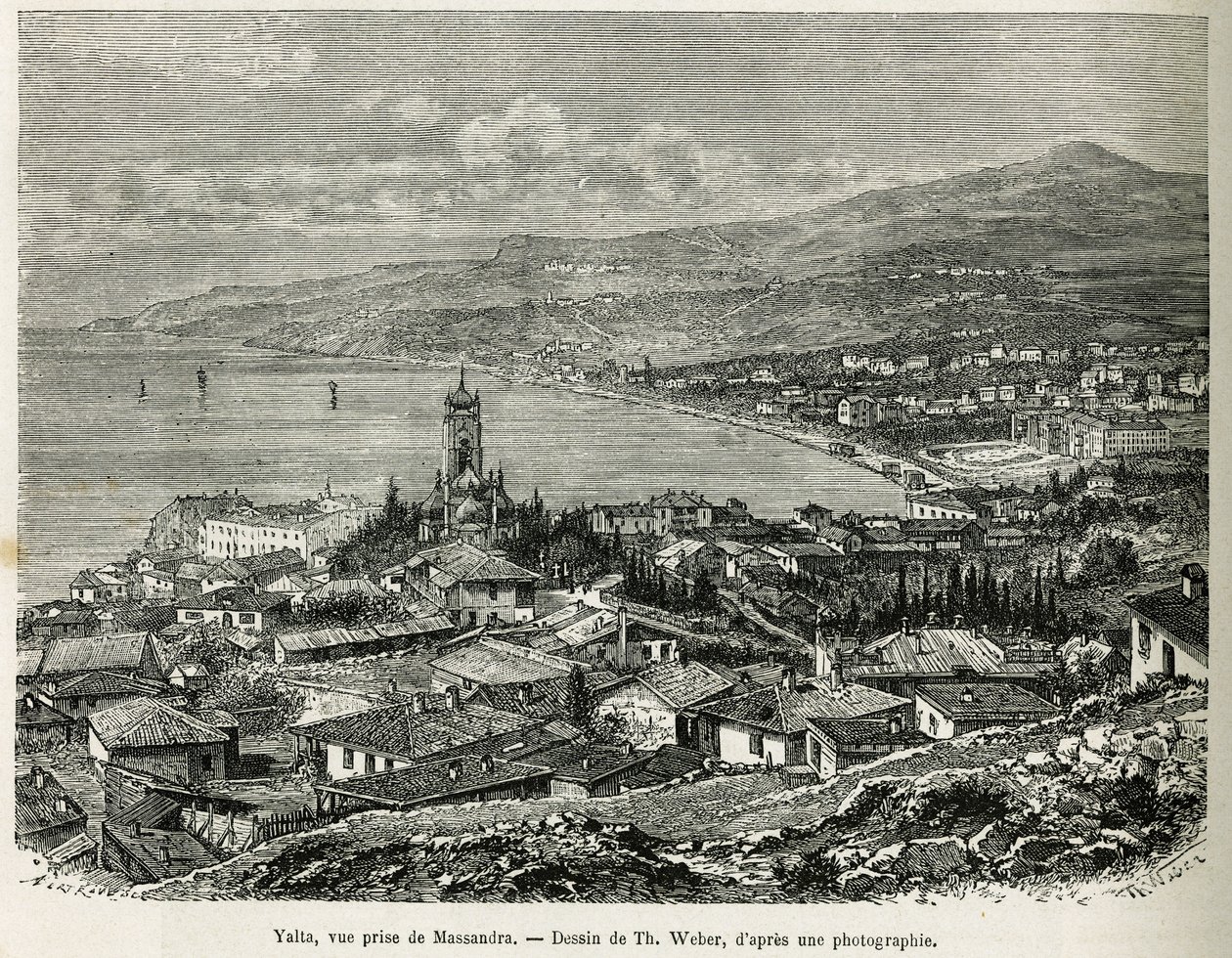 Byen Jalta, taget fra Massandra, tegning af Th.Weber, for at illustrere historien Fire måneder i Rusland, i 1876, af F. De Mely. Indgravering i Le tour du monde af Theodore Weber