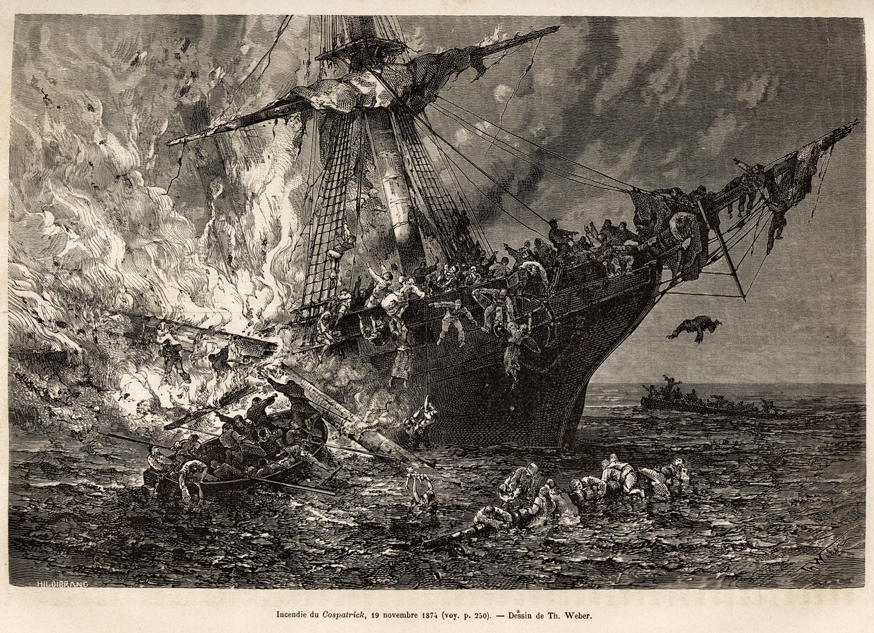 Branden fra Cospatrick, et britisk skib med mere end 400 emigranter til New Zealand, den 19. november 1874, indgraveret efter en tegning af T. Weber, der illustrerer studiet af storme og rejser, af hr. Zurcher og hr. Margolle, i 1870-1874, udgivet i af Theodore Weber