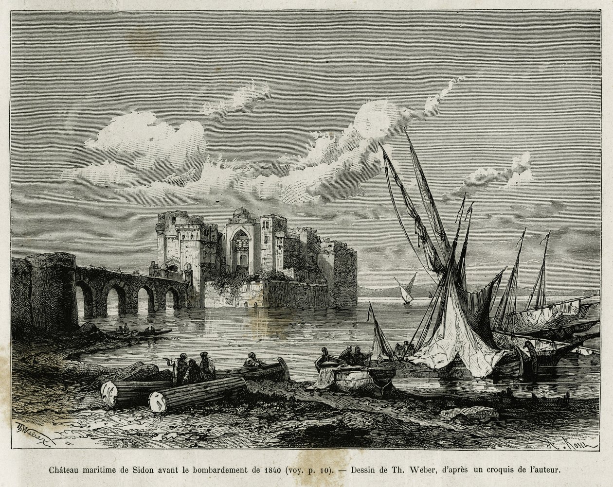 Søborgen Sidon før bombardementet i 1840. Indgravering af Th. Weber, for at illustrere historien La Syria d