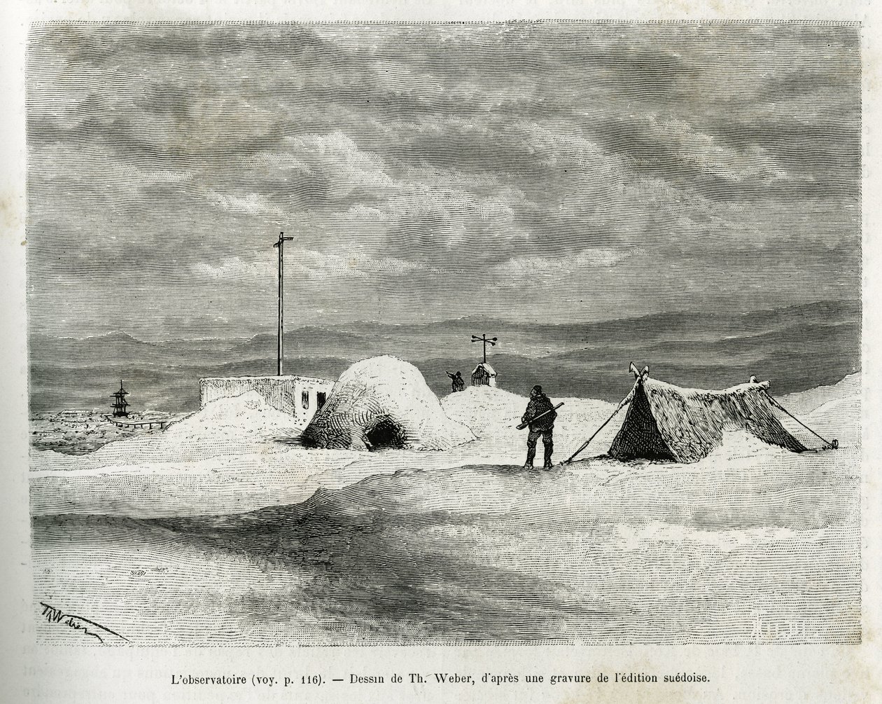 Det meteorologiske observatorium blev installeret ved Koljutschin-bugten (polarcirklen), mens skibet La Vega blev fanget i isen, og besætningen forberedte sig på overvintring. Gravering af Th.Weber, for at illustrere historien om Vega
