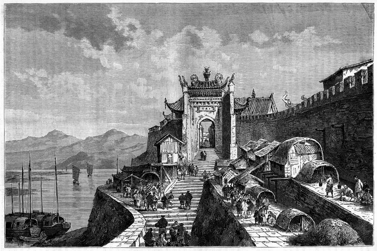 Udsigt over Shanghai-porten ved Huangpu-floden, Kina i årene 1870-1880. Gravering efter en tegning af Weber, i "Le Tour du Monde, Nouveau journal des Voyages", redigeret af Edouard Charton, Paris af Theodore Weber