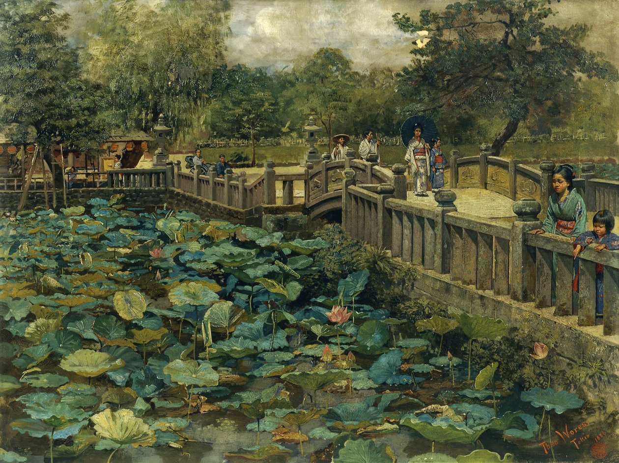 Lotus Pond, Shiba, Tokyo af Theodore Wores