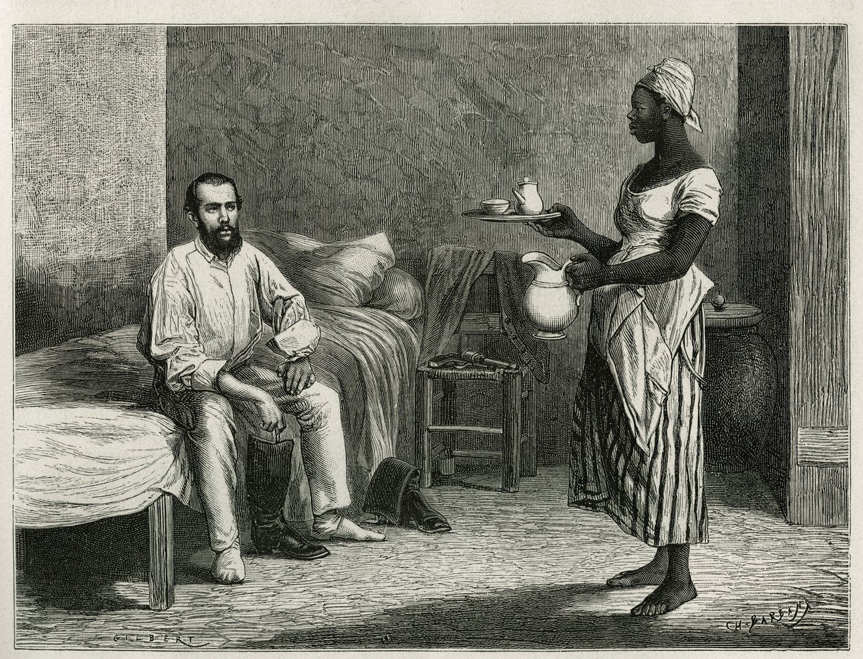 Portræt af forfatteren og rejsende, når han vågner, bliver serveret på cafeen på sit værelse af en ung haitisk kvinde, gravering af T.Wust, for at illustrere historien La republique d