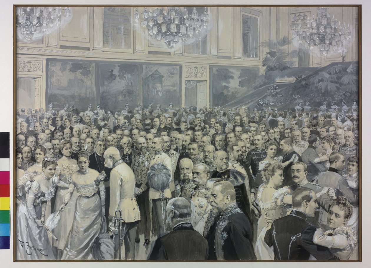 Kejser Franz Joseph hylder francisca grevinde Sternberg-Larisch og Maria Theresia grevinde Harrach Taxis af Theodore Zasche